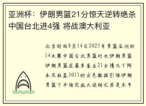 亚洲杯：伊朗男篮21分惊天逆转绝杀中国台北进4强 将战澳大利亚