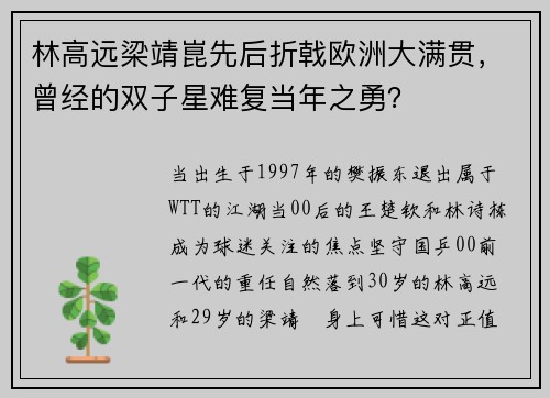 林高远梁靖崑先后折戟欧洲大满贯，曾经的双子星难复当年之勇？